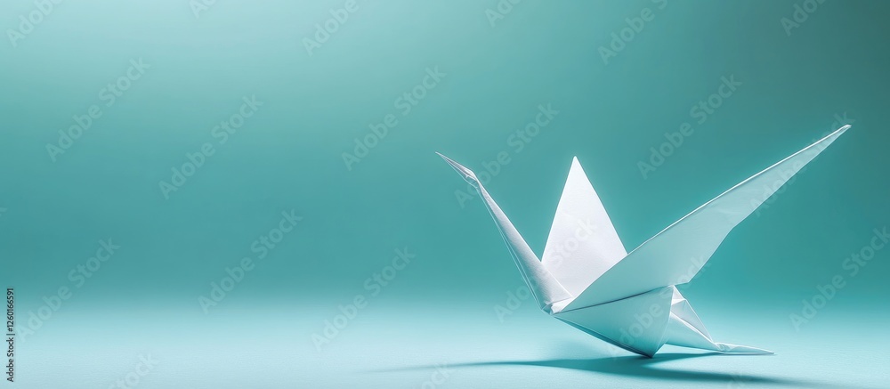 Elegant white origami crane positioned on a smooth teal background with soft lighting creating gentle shadows and a serene atmosphere.