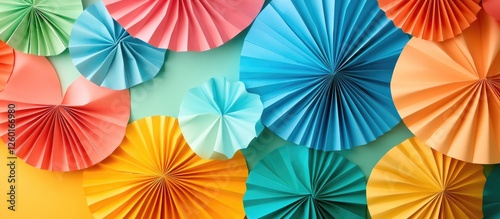 Colorful origami paper circles in blue, orange, green, and yellow arranged in a decorative fan layout against a soft pastel background.