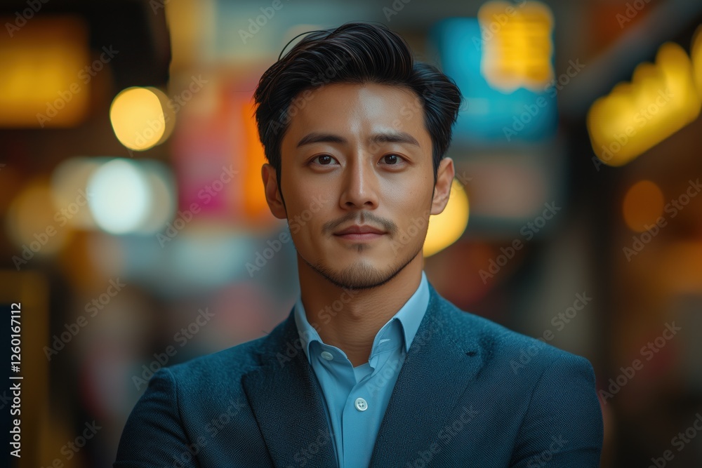 Portrait of a confident man in a suit standing against a blurred cityscape backdrop conveying professionalism and style Portrait of a confident man in a suit standing against a blurred cityscape backdrop conveying professionalism and style