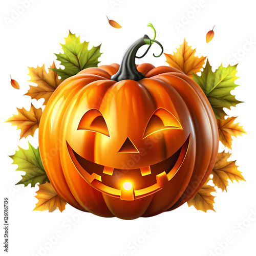 Smiling jack o lantern halloween pumpkin autumn leaves design fun art fall on transparent background