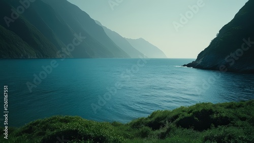 A tranquil seascape showcasing calm waters and a lush green hillside under a soft, overcast sky. Ideal for projects related to nature, serenity, or coastal beauty