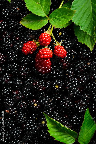 Blackberry berries. Fresh blackberry berries close up, macro photo. Top view.