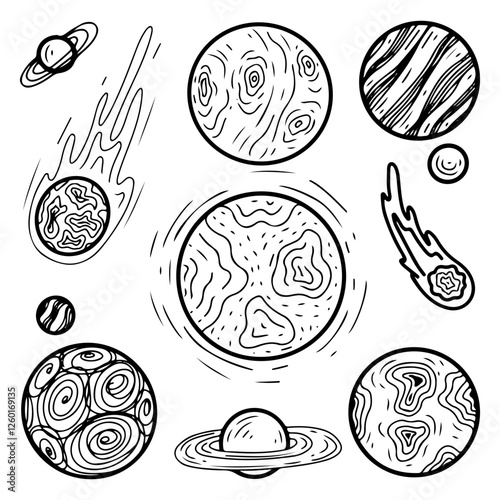 Set of planets. Hand drawn doodle. Celestial astronomical body. Saturn's rings. Satellite, meteorite, comet. Round object. Vector line art illustration.