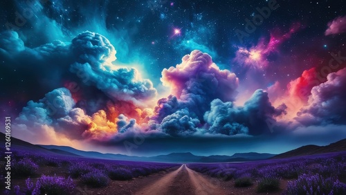 A breathtaking cosmic landscape featuring majestic mountains under a starry sky filled with vibrant clouds, creating a surreal atmosphere at sunset. Perfect for fantasy and nature lovers