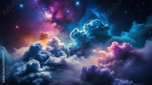 A breathtaking cosmic landscape featuring majestic mountains under a starry sky filled with vibrant clouds, creating a surreal atmosphere at sunset. Perfect for fantasy and nature lovers