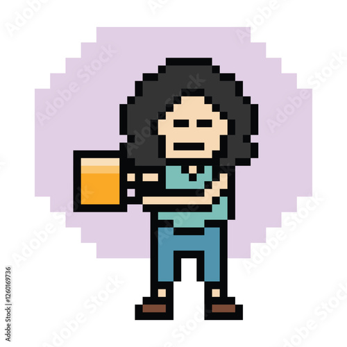 Cute pixel cartoon 8bit character woman drink beer alcohol party hangout lifestyle decoration life style 8 bit female girl drinking beer isolated png vector.