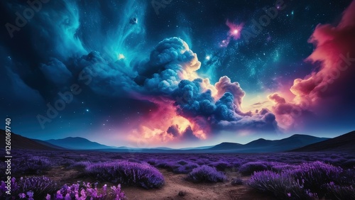 A breathtaking cosmic landscape featuring majestic mountains under a starry sky filled with vibrant clouds, creating a surreal atmosphere at sunset. Perfect for fantasy and nature lovers