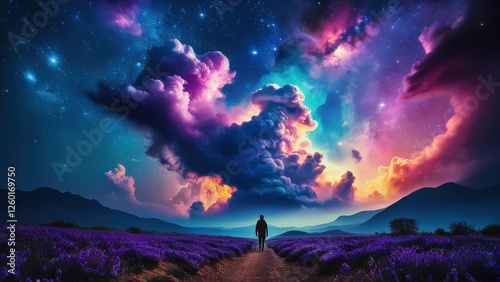A breathtaking cosmic landscape featuring majestic mountains under a starry sky filled with vibrant clouds, creating a surreal atmosphere at sunset. Perfect for fantasy and nature lovers