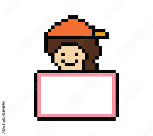 Cute pixel cartoon character woman lady hold frame banner sign board blank decoration 8 bit female girl with blank space sign banner pixel game png vector.