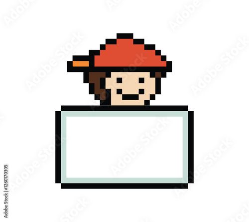Cute pixel cartoon character man hold frame banner sign board blank decoration 8 bit male with blank space sign banner pixel game png vector.