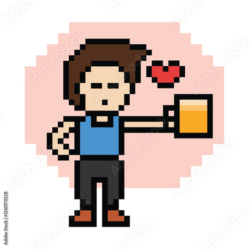 Cute pixel cartoon 8bit character man drink beer alcohol party hangout lifestyle decoration life style 8 bit male boy drinking beer isolated png vector.