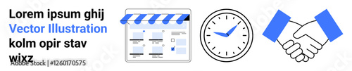 Webpage layout under awning, clock showing time, and handshake graphic symbolizing agreement. Ideal for business, professionalism, time management, partnership, web design, agreements scheduling
