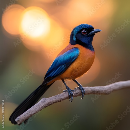 Sunset African bird perched branch, bokeh background, wildlife photography