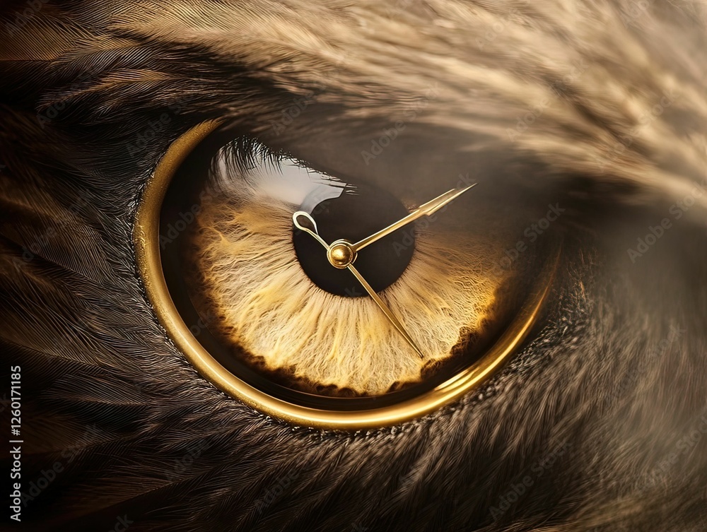 Fototapeta premium Eagle eye clock face with ticking hands nature realm artistic close-up high detail unique perspective