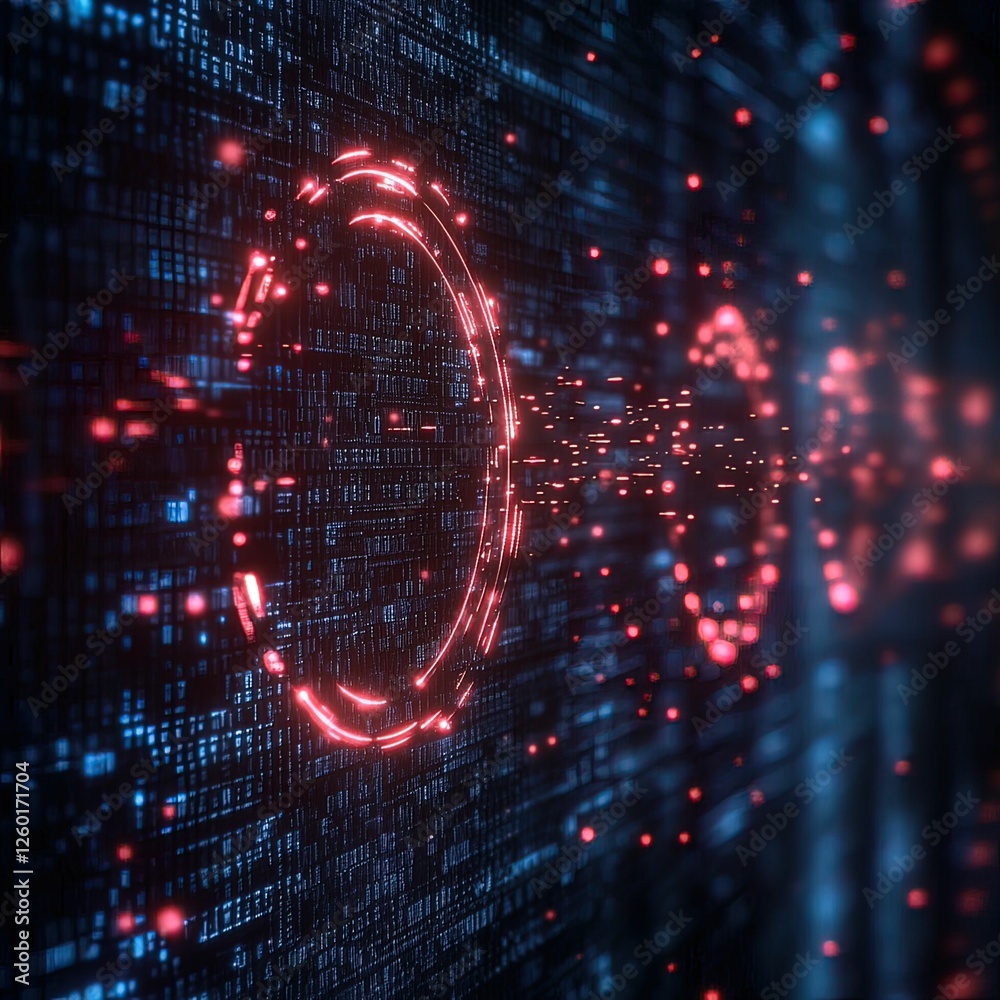 Obraz premium Futuristic hacker environment with swirling red codes digital realm abstract imagery high-tech aesthetic close-up view cybersecurity concept