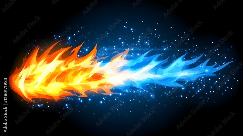 Fiery comet, dual flames, cosmic dust, design element Fiery comet, dual flames, cosmic dust, design element