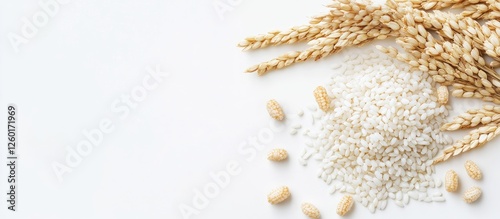 Puffed rice bread with white background featuring scattered grains in the lower center and wheat stalks on the upper left side