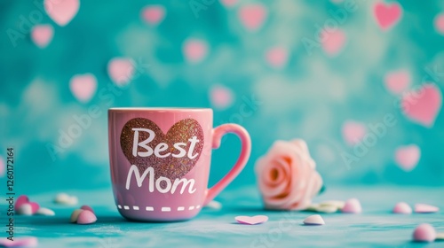 Obraz na płótnie A charming pink mug featuring a glittery Best Mom design with a delicate rose and scattered hearts, creating a soft, heartfelt aesthetic. AI generated. w salonie