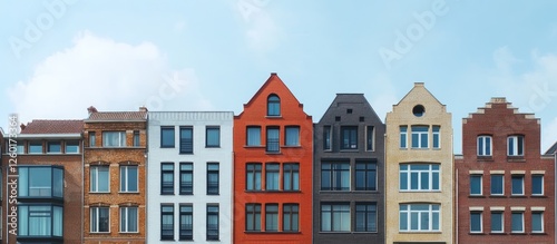 Fototapeta Naklejka Na Ścianę i Meble -  Modernized row of five distinct buildings featuring red, brown, and white facades against a blue sky with soft clouds and a contemporary feel.