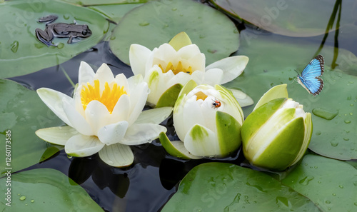 White water lily flowers growing in natural lake environment photo