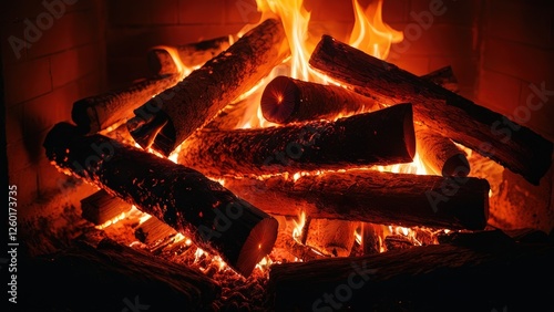 A cozy fireplace scene with crackling firewood and vibrant flames, perfect for capturing a warm and inviting atmosphere during winter nights