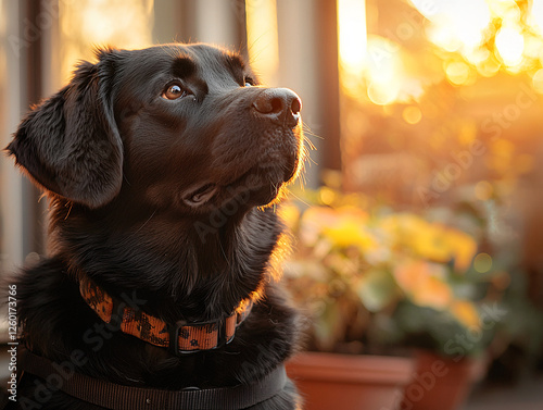 Service dog assisting person with mobility issues in outdoor setting looking up at owner photo