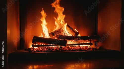 A cozy fireplace scene with crackling firewood and vibrant flames, perfect for capturing a warm and inviting atmosphere during winter nights
