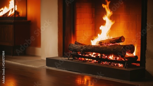 A cozy fireplace scene with crackling firewood and vibrant flames, perfect for capturing a warm and inviting atmosphere during winter nights