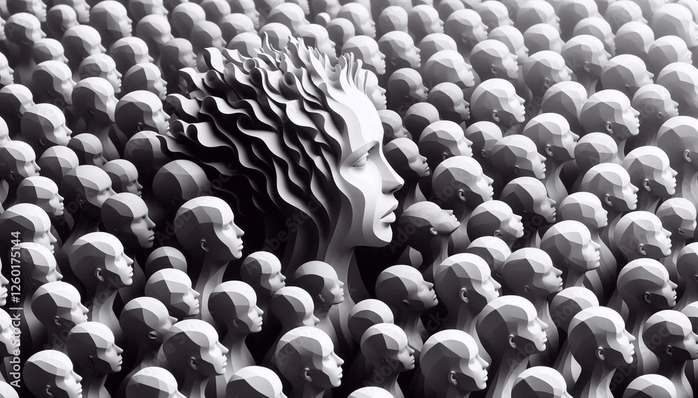 Obraz premium Black and white crowd of abstract figures. Teamwork, diversity and human resource concept, diversity of thinking