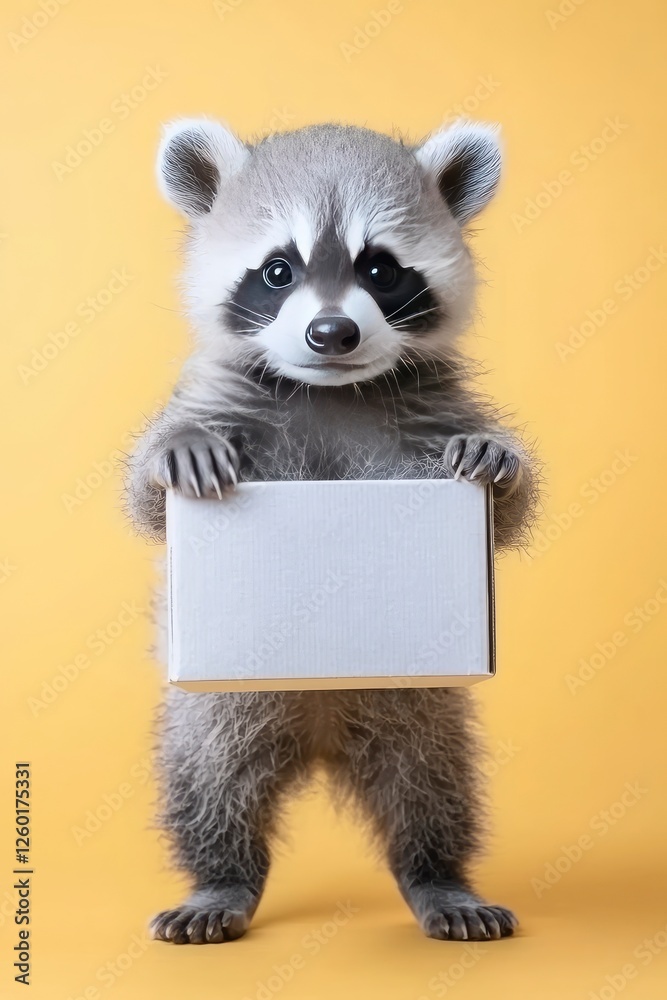 Obraz premium Adorable Baby Raccoon Holding a Blank Box Against a Yellow Background