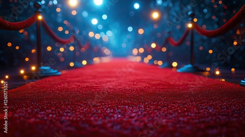 opulent red carpet with velvet ropes lining the path to a backdrop of spotlights 3d rende photo