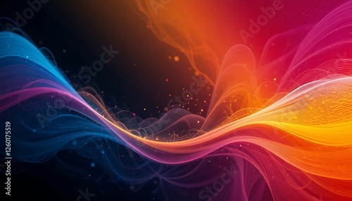 Abstract Colorful Wave Background, Dynamic Swirls of Blue, Pink, Orange and Red Hues with Sparkling Dust Particles