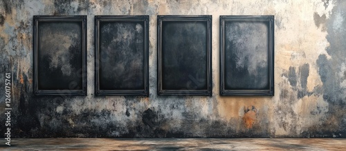 Haunted abandoned house wall with three empty black picture frames positioned center on a grungy, weathered surface featuring dark and muted tones.