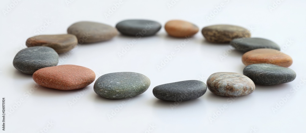 Circular arrangement of smooth sea stones in earthy tones of brown gray and orange set against a white background for a tranquil landscape effect Circular arrangement of smooth sea stones in earthy tones of brown gray and orange set against a white background for a tranquil landscape effect