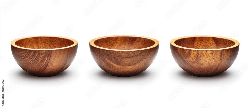 Set of three brown wooden bowls with smooth surfaces arranged on a white background showcasing natural wood grain and rounded shapes Set of three brown wooden bowls with smooth surfaces arranged on a white background showcasing natural wood grain and rounded shapes