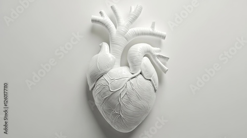 Detailed white heart sculpture showcasing anatomical features on a plain background