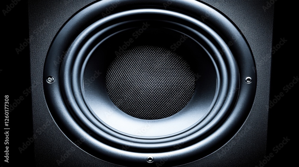 Closeup of a Black Speaker Cone Capturing Sound Waves in a Textured Surface Closeup of a Black Speaker Cone Capturing Sound Waves in a Textured Surface