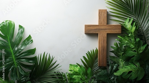 palm sunday wooden cross and palm leaf on white background with copy space