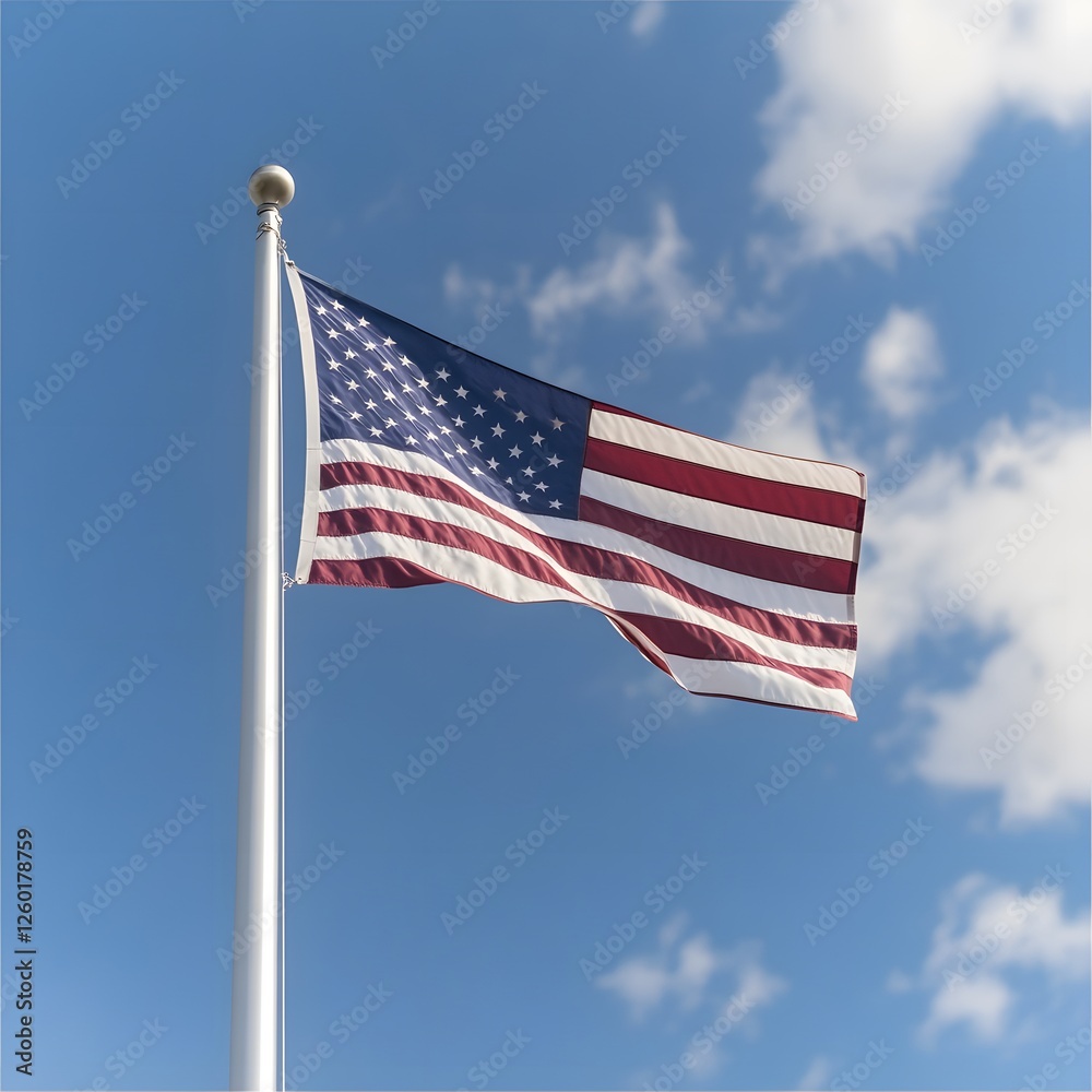 Fototapeta premium US flag waving outdoors, sunny sky, patriotism, website