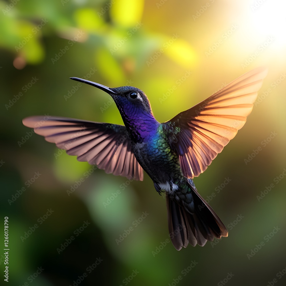 Naklejka premium Vibrant hummingbird in flight, jungle sunset, nature background, wildlife photography
