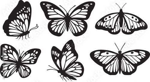Six stylized, black and white butterfly silhouettes arranged in a grid pattern.