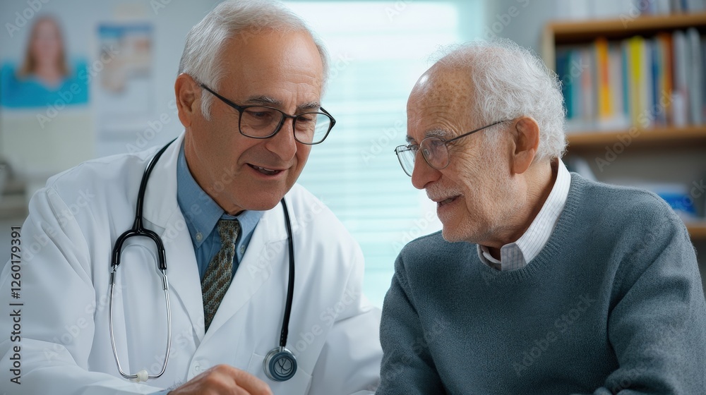 A doctor discusses medical advice with an elderly patient in a welcoming office, fostering a caring and supportive environment. A doctor discusses medical advice with an elderly patient in a welcoming office, fostering a caring and supportive environment.
