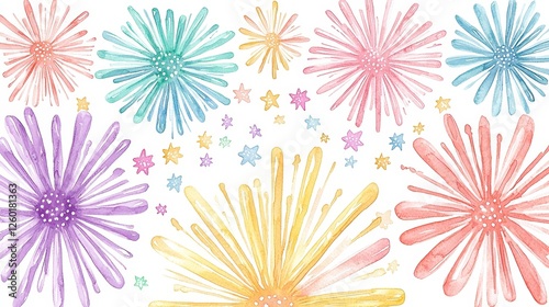 Pastel Watercolor Fireworks Stars Festive Celebration Design Elements