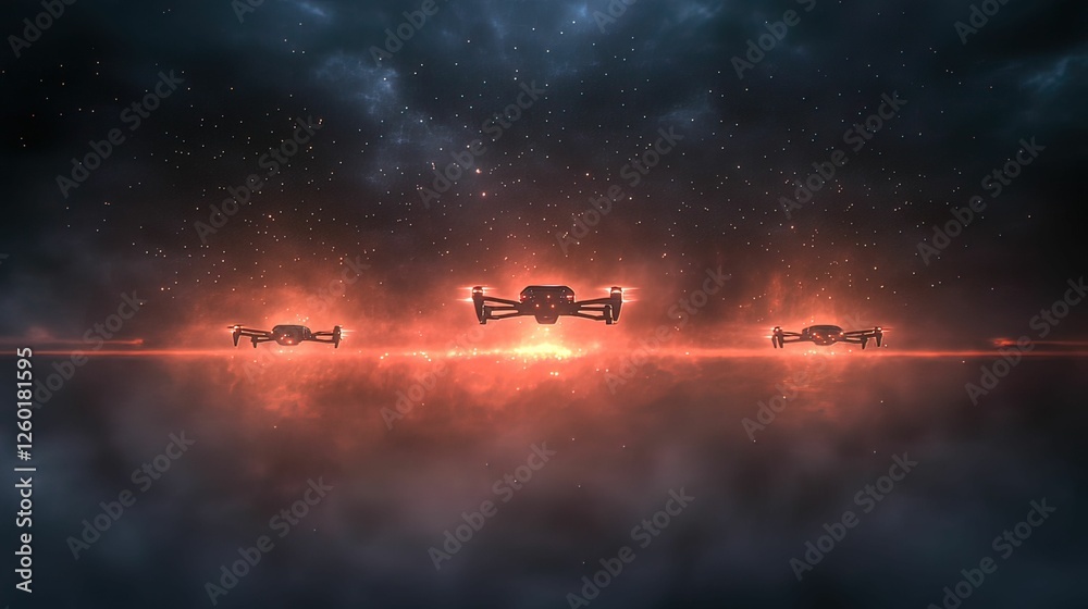 Fototapeta premium Autonomous ai drones attack military base combat zone digital futuristic environment aerial view warfare concept