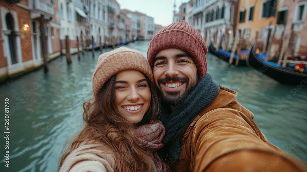Obraz premium A couple taking a selfie on Valentine's Day, with a romantic gondola ride in the background and a serene canal 