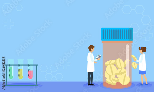 Medical researchers studying pills in laboratory setting with test tubes