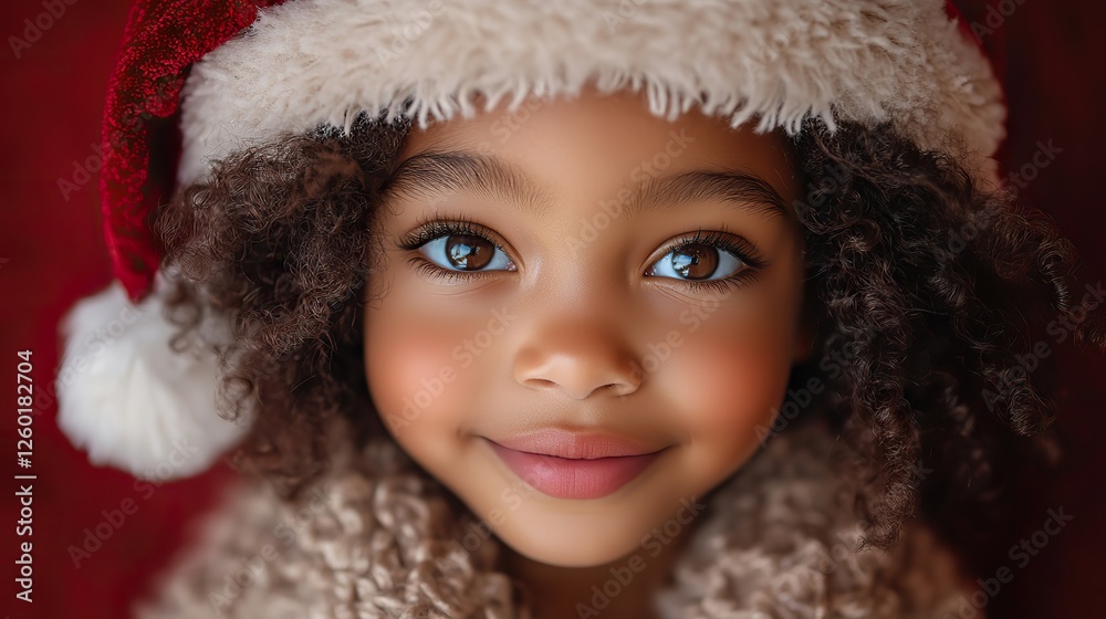 portrait of a cute african american little girl in santa hat on red background portrait of a cute african american little girl in santa hat on red background