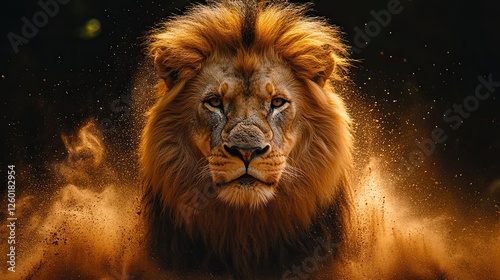 portrait of a lion in a cloud of dust on a dark background