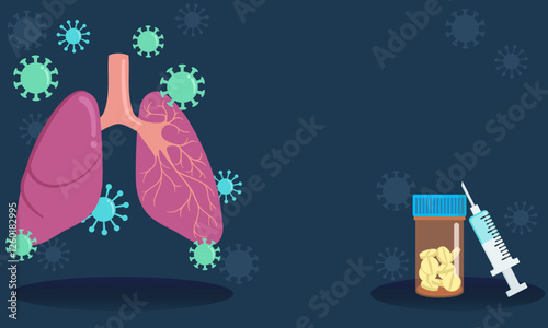 Lungs infected by viruses with vaccine and pills for respiratory disease treatment