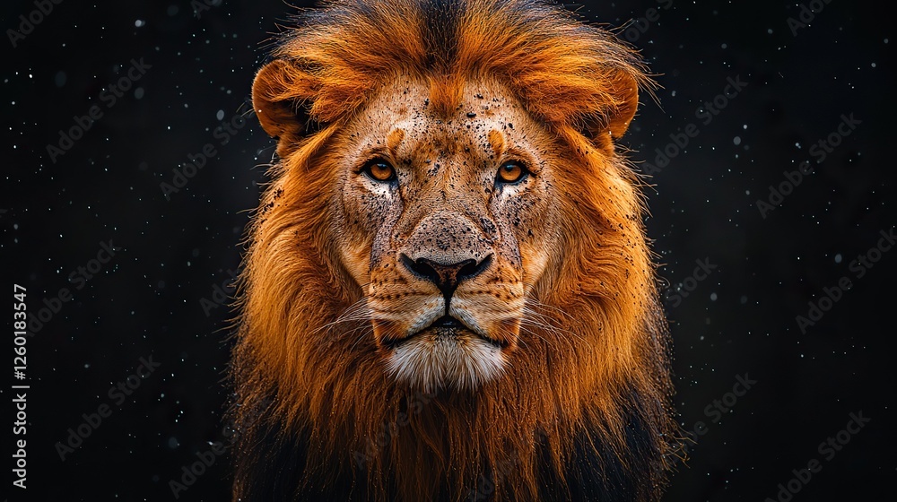 Fototapeta premium portrait of a lion with dust on a black background copy space